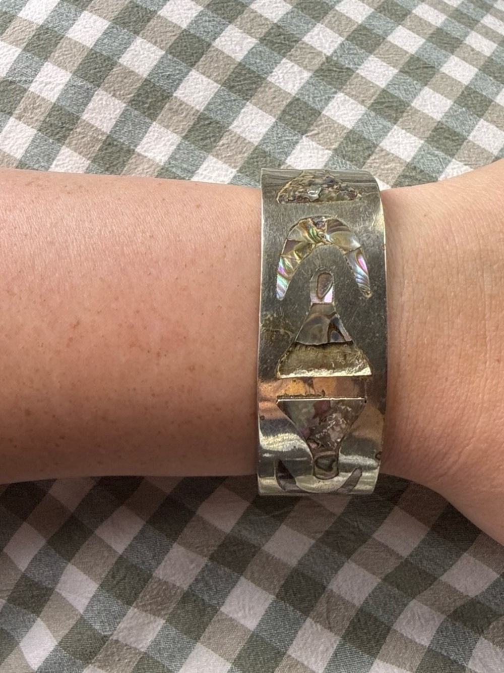 Vintage Alpaca Inlay Cuff Bracelet with Abalone Accent (FLAWS)